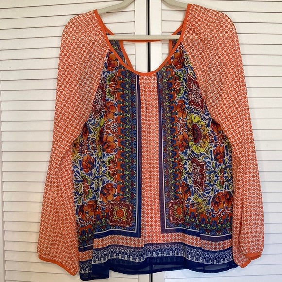 blue pepper Tops - BLUE PEPPER ORGANZA TOP WOMEN SIZE XL ORANGE FLORAL PATTERN BLOUSE